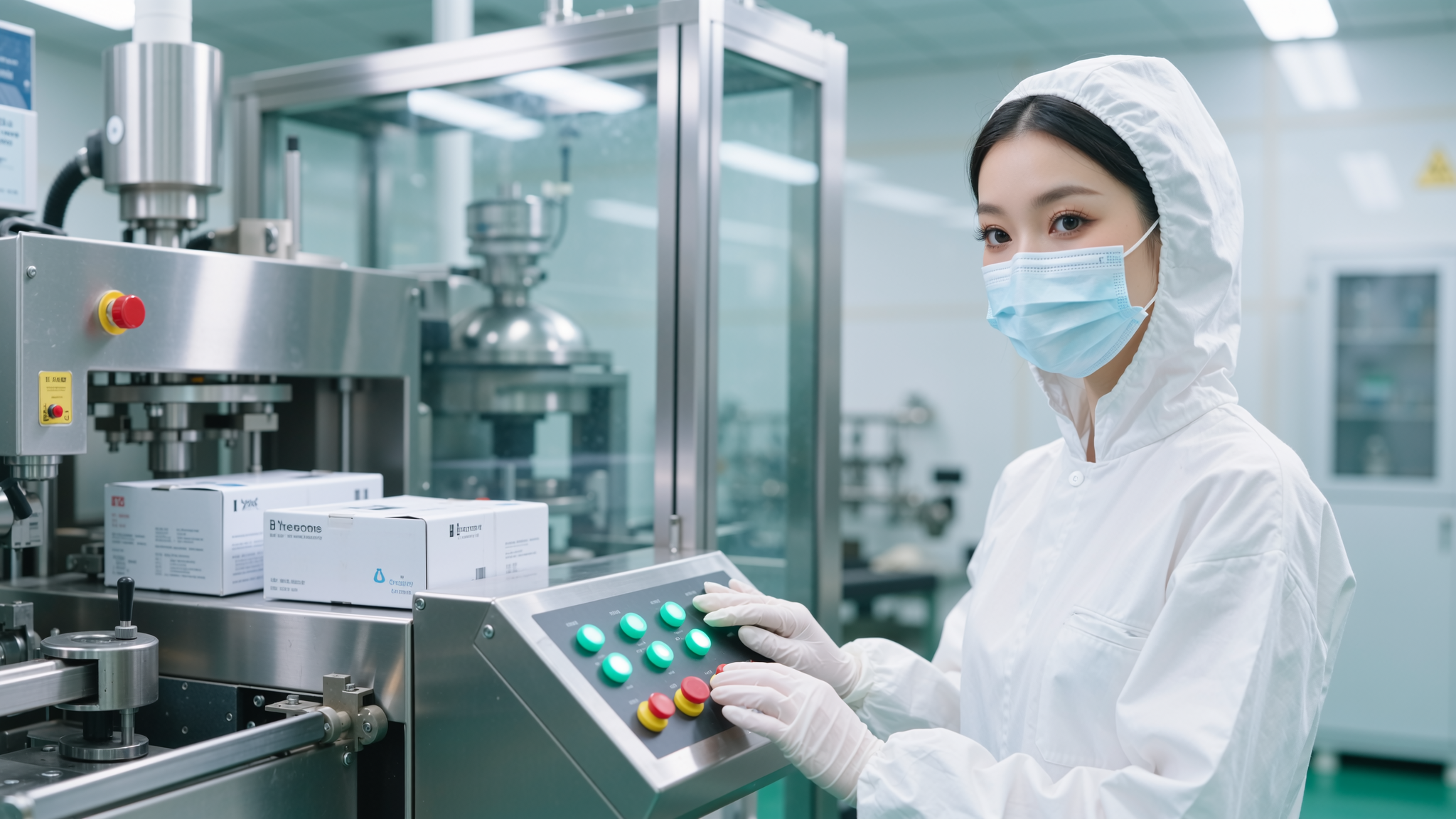 A pharmaceutical factory hall with process equipment and a large interior space