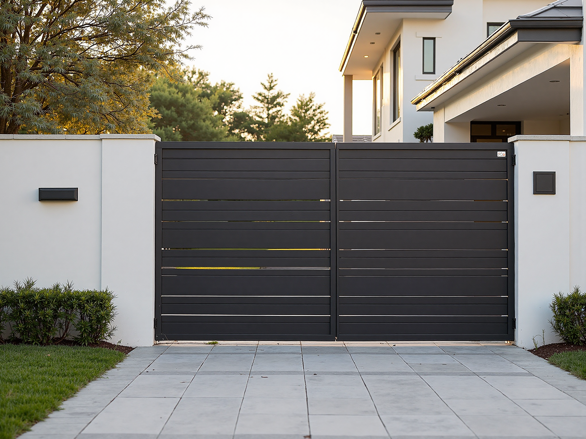 A sliding gate standing beside a low boundary wall under an overcast sky