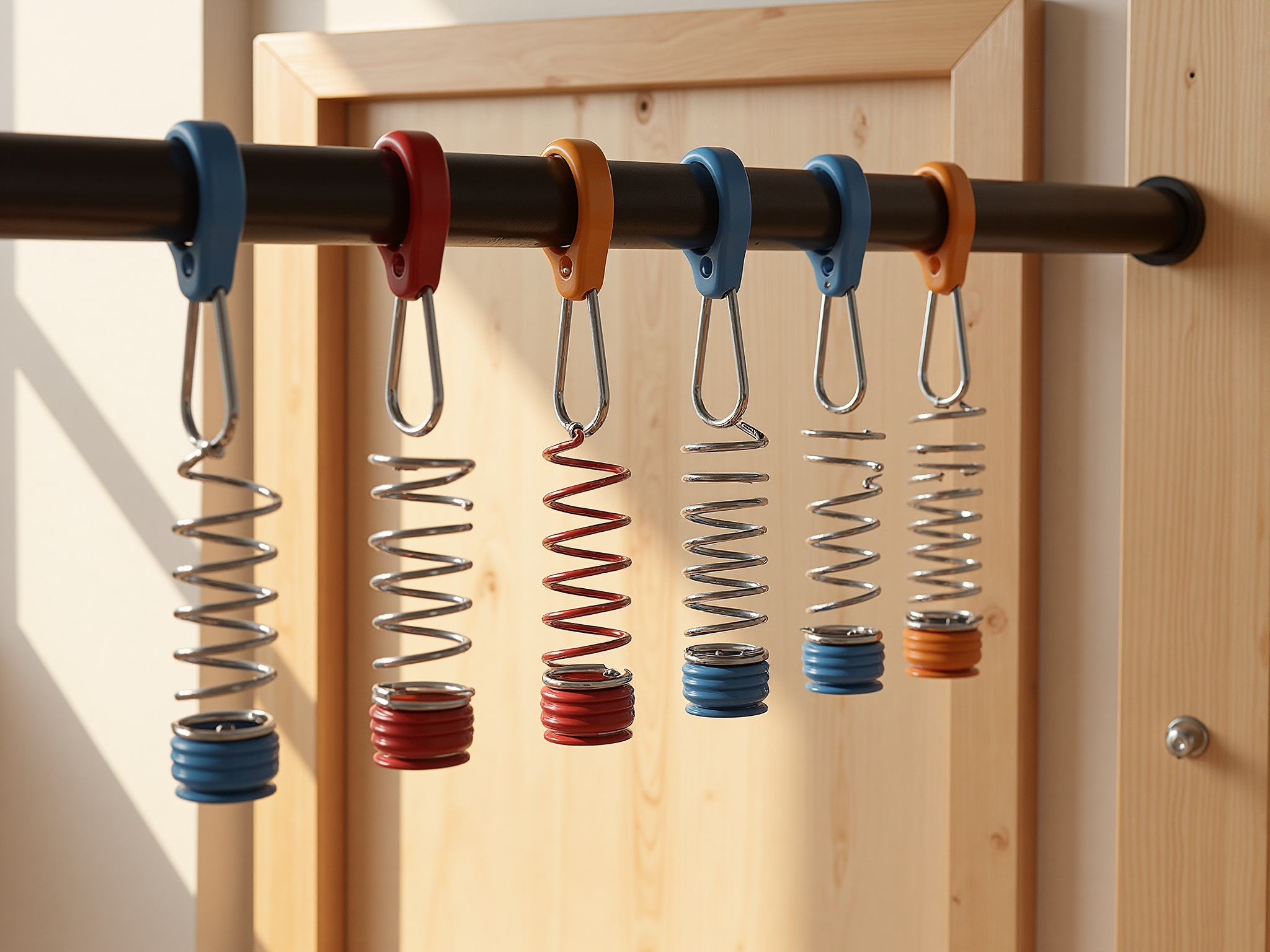 A close view of a coiled door spring beside a metal door track