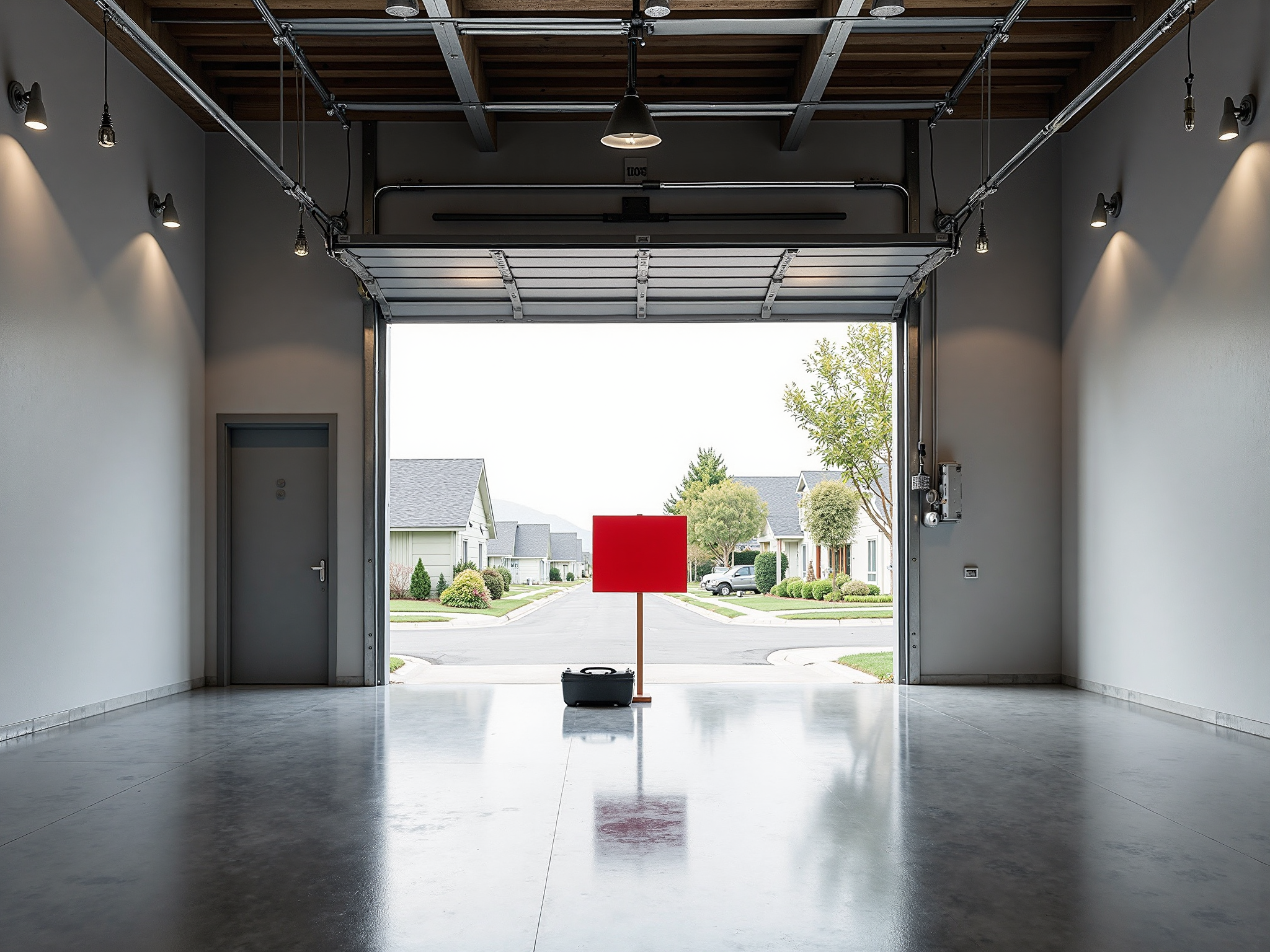 Interior of a residential garage with a parked car