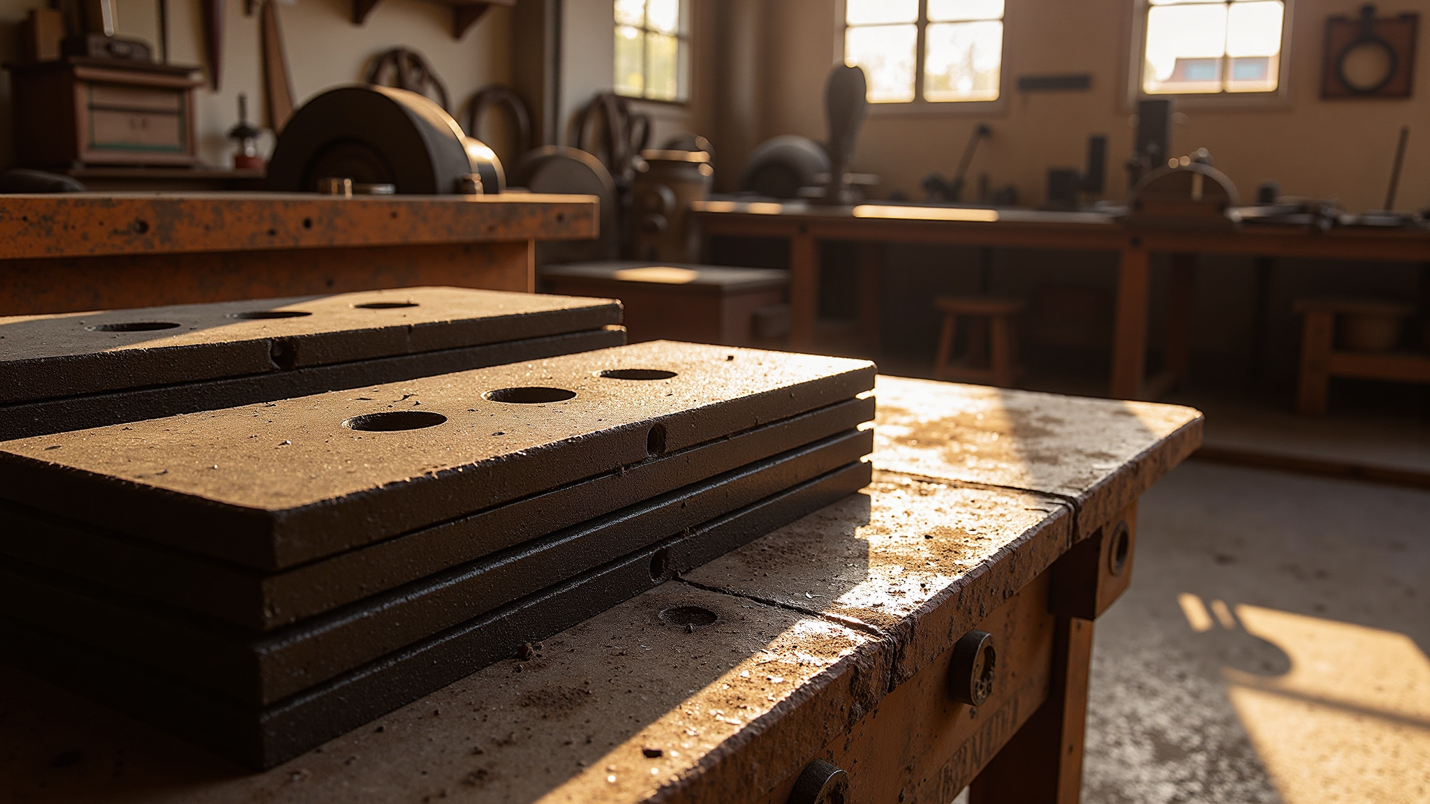 A metal workshop interior with tools and steel components laid out for assembly